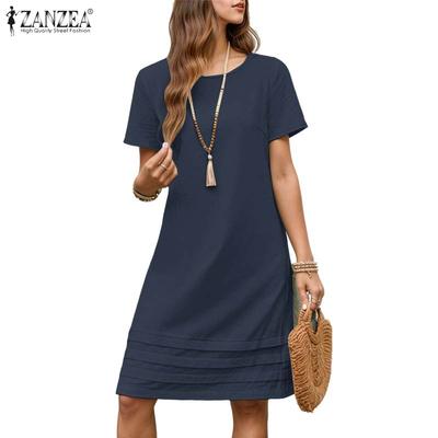 Женское повседневное платье с круглым вырезом, однотонное летнее платье с коротким рукавом