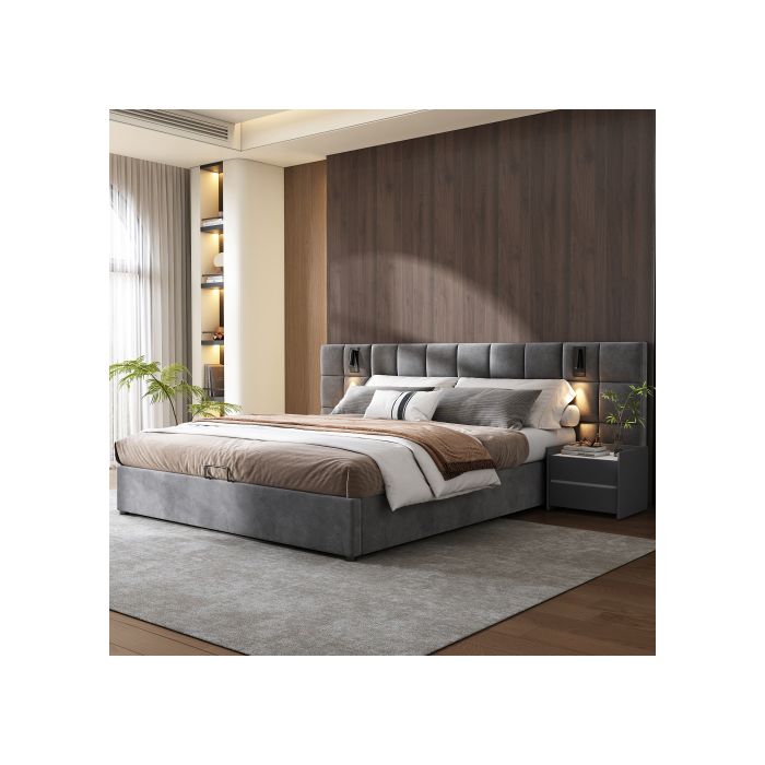 Lit rembourré - MUVOE - 140x200 cm - Gris - Rangement hydraulique - Liseuse USB