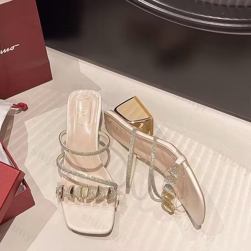 Fashion Summer Woman's High-heeled Slippers 2025 Square Toe Mules Rhinestone Fashion Glitter Slides Square Heel Pumps Sandalias De Tacón