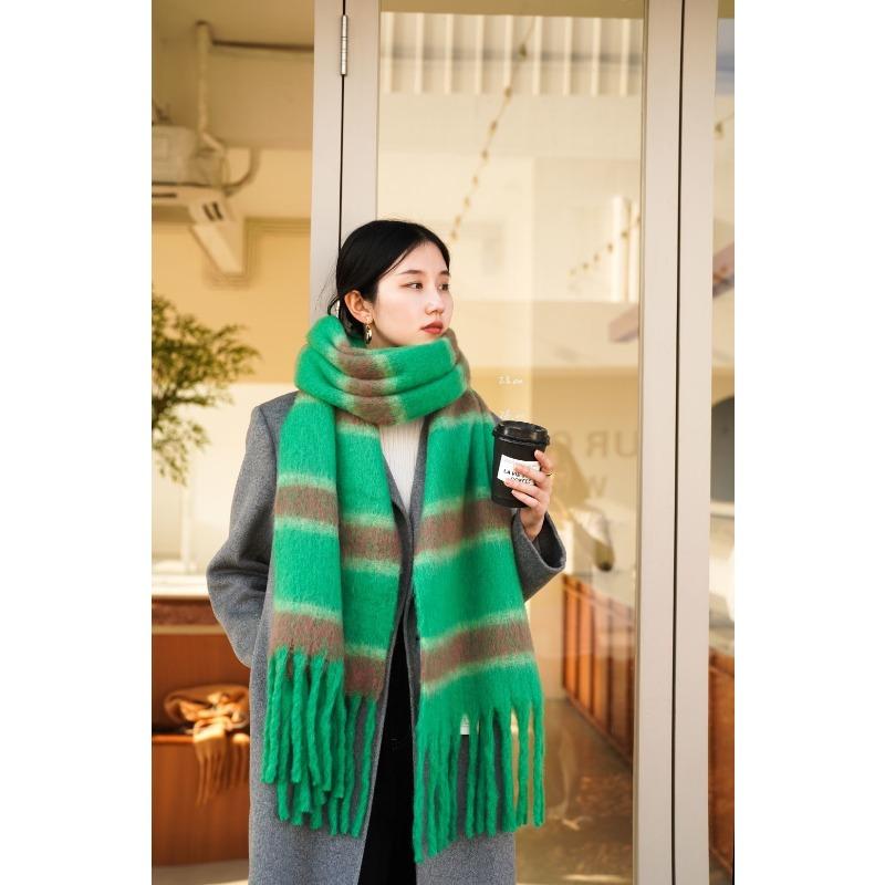New Autumn and Winter Thickened Loop Yarn Braided Tassel Striped Imitation Cashmere Scarf