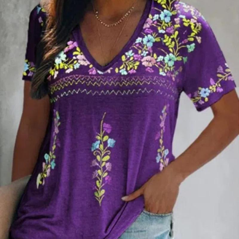 Сексуальная блузка в стиле бохо с v-образным вырезом в стиле пэчворк, топы, лето 2024, женская свободная повседневная футболка с коротким рукавом в этническом стиле, пуловер, S-8XL