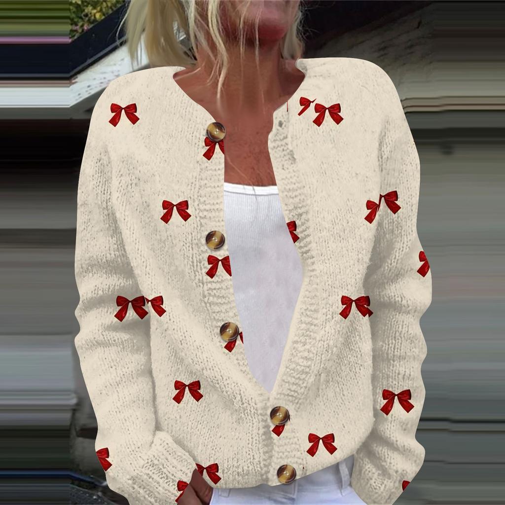 Женская мода с принтом банта, длинный рукав, вязаный кардиган, куртка на пуговицах