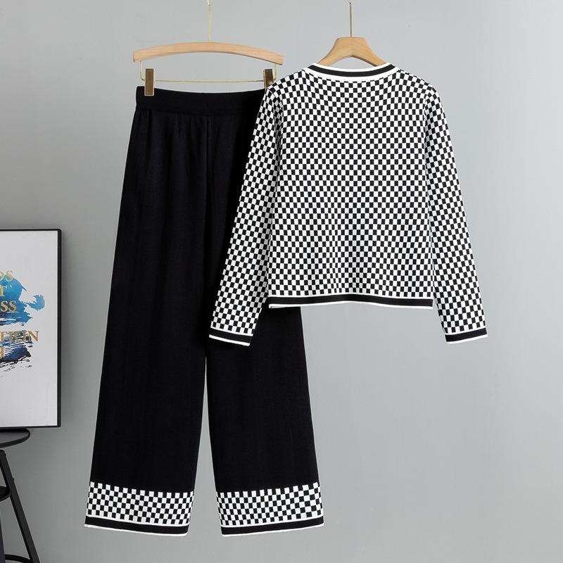 Women's Spring New Fashion Casual Plaid Sweater Wide Leg Pants Knit Two Piece Set