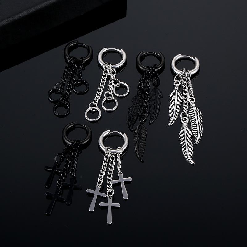 WKOUD 1 Pair Stainless Steel Earrings For Man/Women Feather Cross Pendant Long Tassel Unisex Hoop Punk Gothic Piercing Zircon
