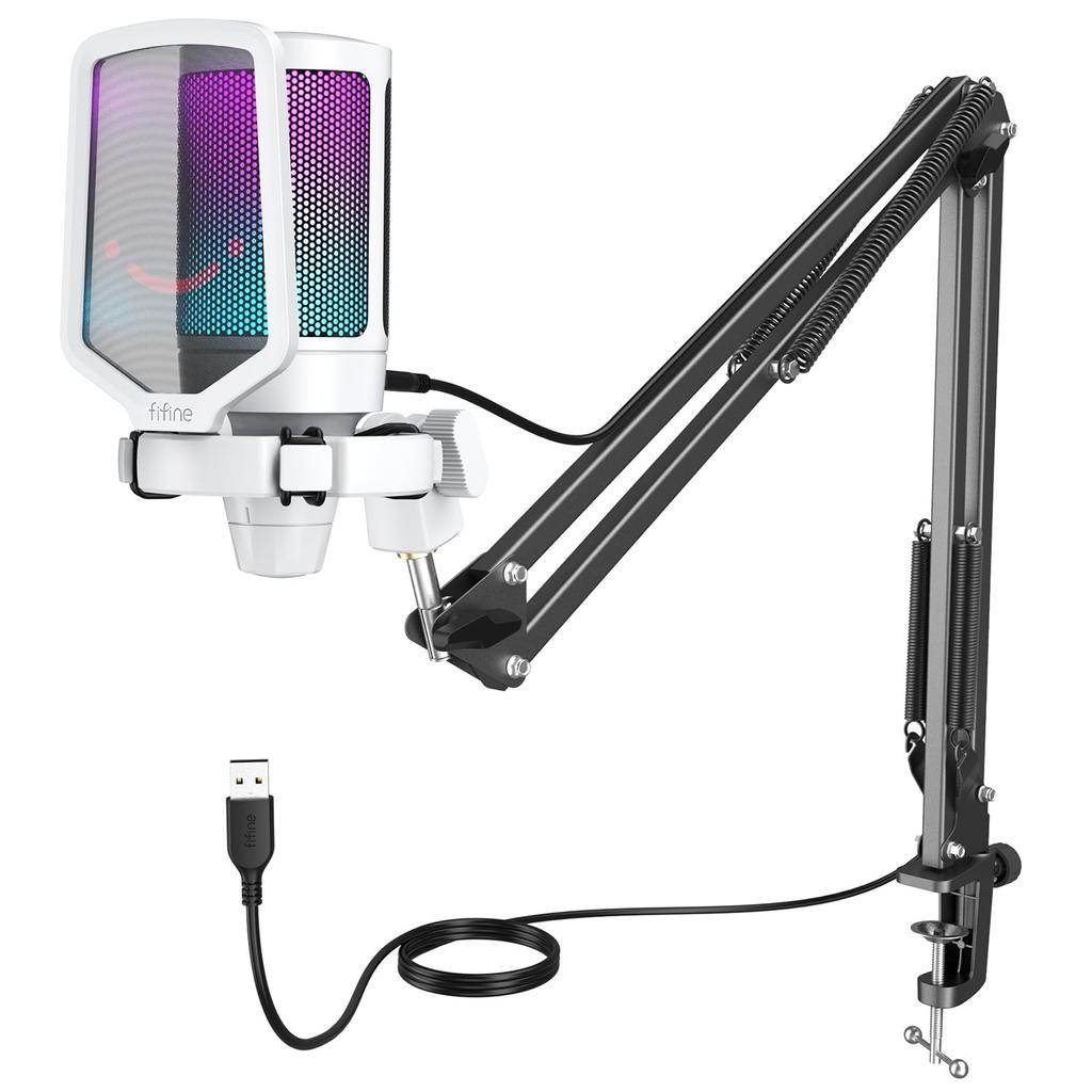 FIFINE USB Condenser Microphone RGB Light Cardioid Directivity Plug Play Microphone USB Cable Included One Touch Mute YouTube Skype Discord Zoom