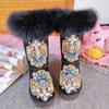 Winter Snow Boots Women Fur Rhinestone Handmade Warm Flat Mid-Calf Boots Genuine Leather Comfortable Casual Shoes