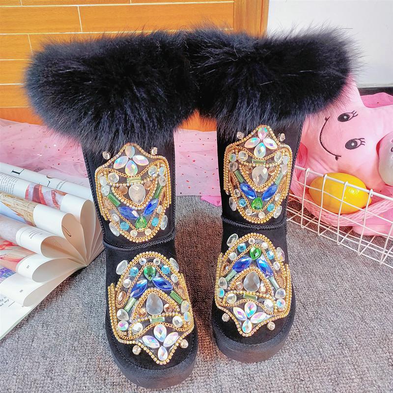 Winter Snow Boots Women Fur Rhinestone Handmade Warm Flat Mid-Calf Boots Genuine Leather Comfortable Casual Shoes