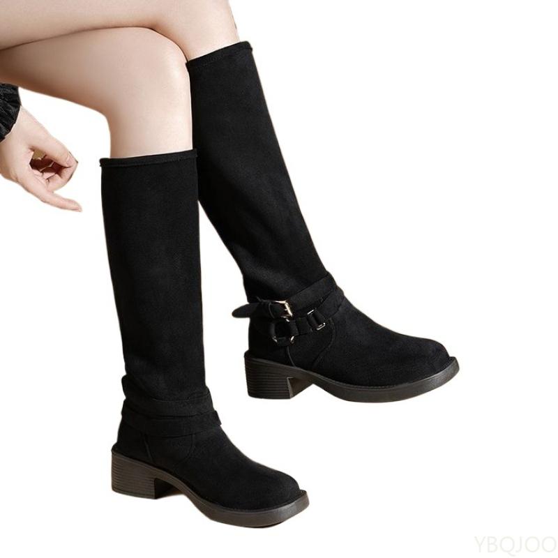 Модные ретро ковбойские сапоги на толстом каблуке, но до колена, женские облегающие сапоги-ботфорты, высокие рыцарские сапоги