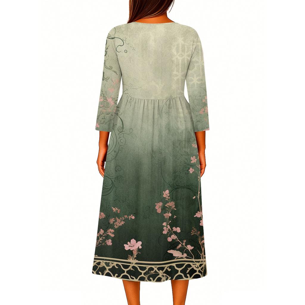 Женское модное платье-рубашка свободного кроя с принтом, круглым вырезом и рукавами семь четвертей на пуговицах