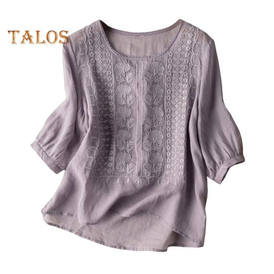 Женская рубашка с круглым вырезом и коротким рукавом, вышитый цветочный узор, топы, однотонная тонкая ретро-блузка, повседневная одежда