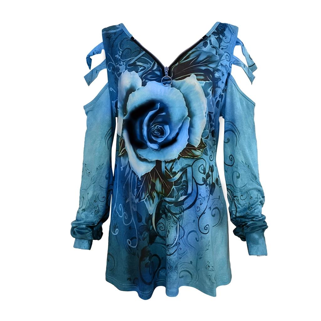 Модная женская повседневная футболка со свободным воротником на молнии с v-образным вырезом и принтом розы и длинными рукавами