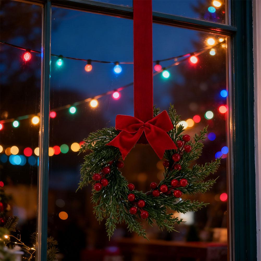 Artificial Christmas Wreath 10 Inch Winter Greenery Wreath Front Door Holiday Porch Wall Decor with Red Berries And Velvet Bow