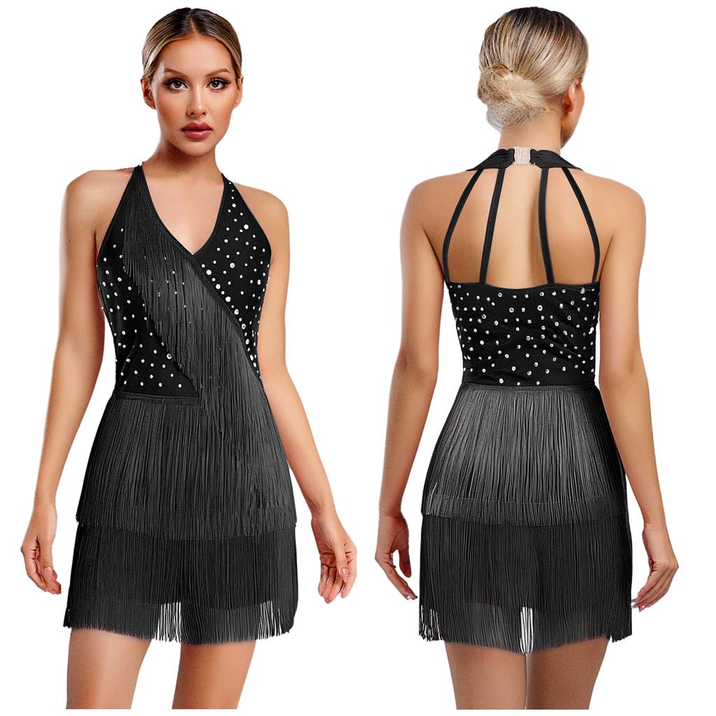 S-3XL Women Dance Bodysuit Halter Neck with Rhinestones Fringed Back Latin Tango Salsa Jazz Performance Costume Leotard