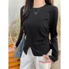 Осенняя новая футболка с длинным рукавом и разрезами по бокам, женская облегающая базовая футболка, черный топ