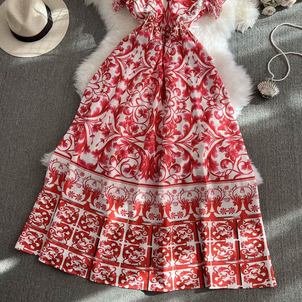 Summer Women V-neck Print Long Maxi Holiday Beach Dresses