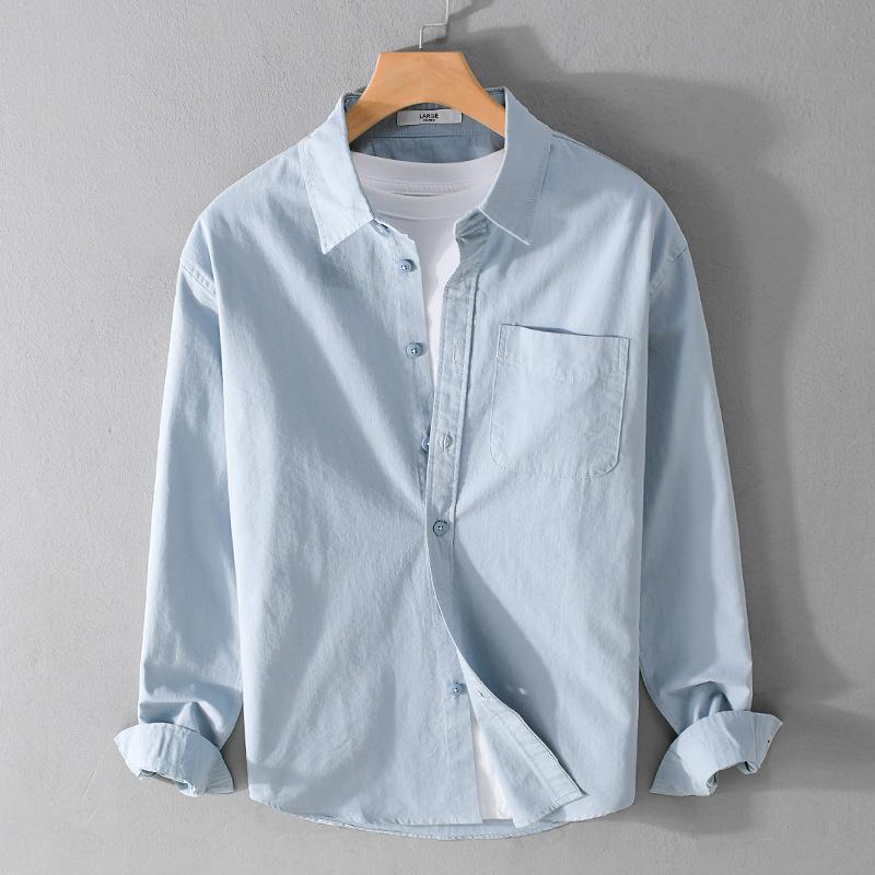 Весна и лето 100% хлопок рубашки с длинным рукавом для мужчин повседневные топы с воротником-лацканом карман однотонные мужские рубашки простой стиль одежды