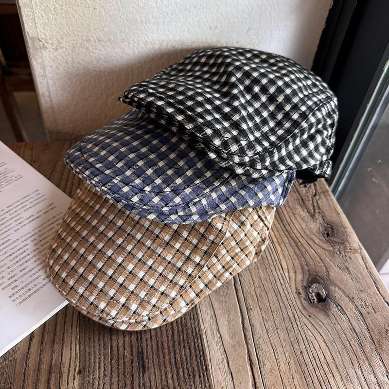 Checkered Pattern Retro Beret Hat For Women Breathable Sunshade Headwear Gift