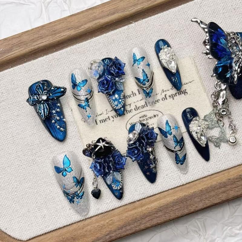 Handmade 11-Piece Blue 3D Butterfly Press-On Nails Medium Length Women Girls Sweet Chic Style