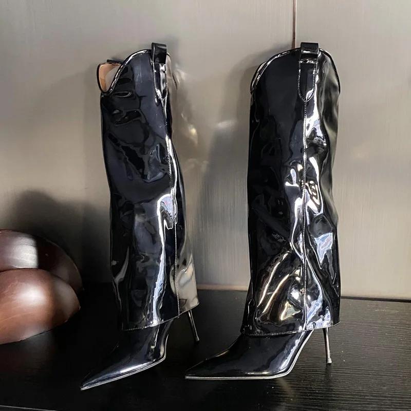 Модные зимние женские ботфорты Eilyken из лакированной кожи с острым носком, сексуальные на тонком высоком каблуке, для выпускного вечера