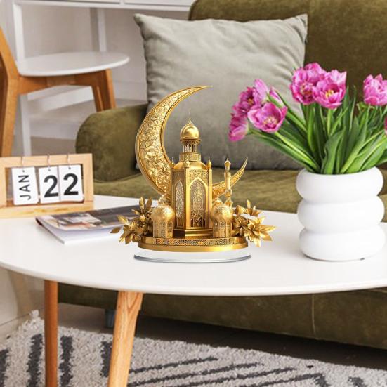 Acrylic Moon Castle Ornament 2D Flat Golden Crescent Moon Mosque Table Sign Holiday Party Home Office Living Room Bedroom Desktop Decoration
