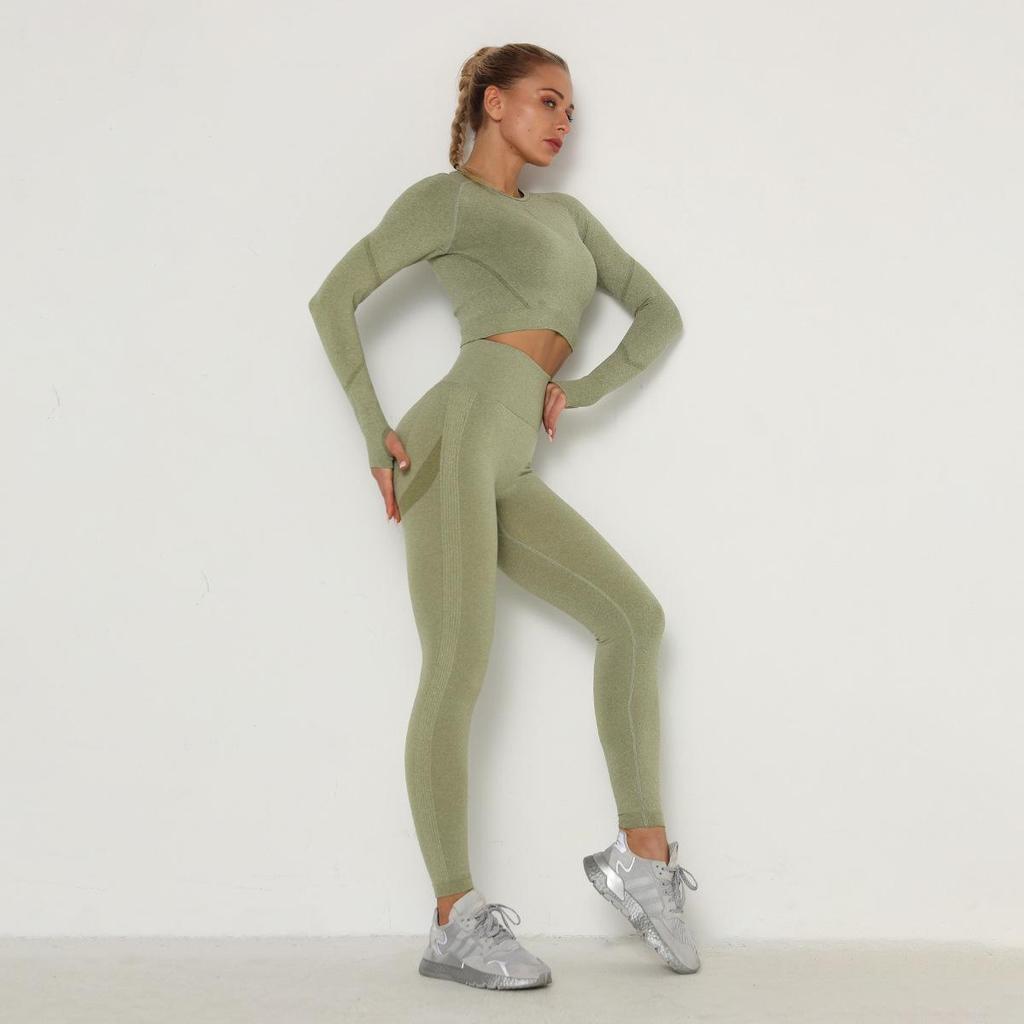 Women Seamless Yoga Suit Sweat Absorbing Hip Lifting High Waist Fitness Pants Tight Long Sleeve Sports Suit