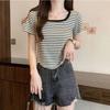 Футболка с коротким рукавом, корейская повседневная модная рубашка с U-образным вырезом, топы, женская однотонная полосатая футболка