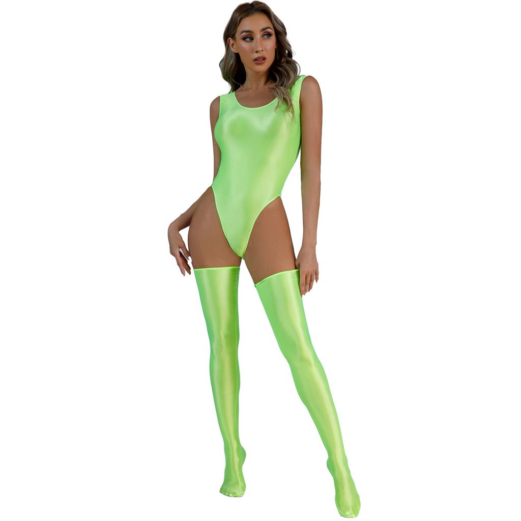 Женский глянцевый боди с открытой спиной, купальник для вечеринки у бассейна, купальник с высоким вырезом без рукавов и чулками до бедра