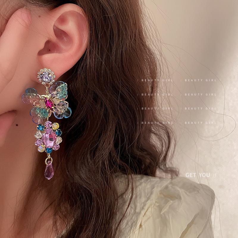Silver Rhinestone Crystal Flower Asymmetric Earrings - Colorful Retro Court Style Studs for Women