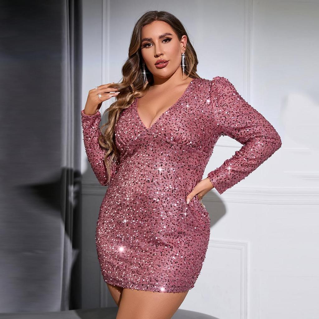 2025 Starry Sky Sequin V-образный вырез с рукавами-фонариками на Рождество вечернее платье