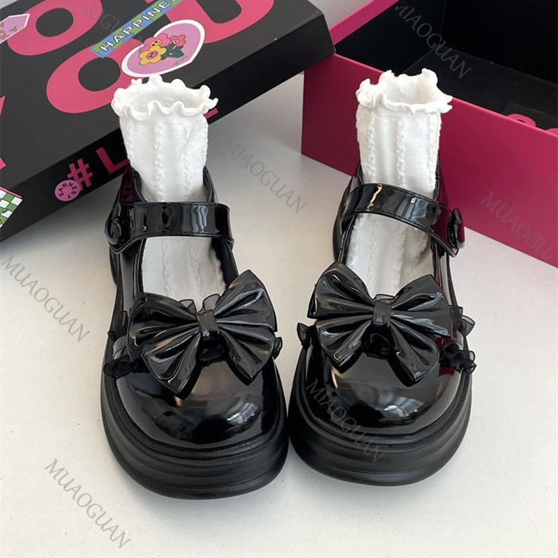 Модные милые туфли Мэри Джейн из кожи с круглым носком и бантом, универсальные туфли на толстой подошве для JK-униформы и Лолиты для женщин, повседневные лоферы на толстом каблуке