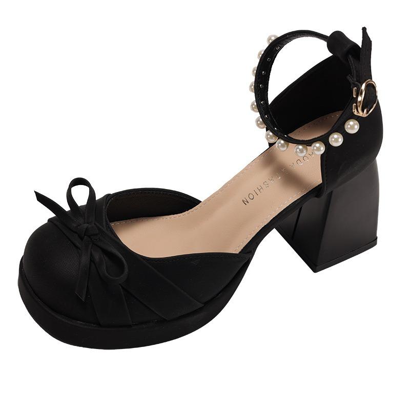 Модные горячо продаваемые туфли Мэри Джейн на блочном каблуке с французским бантом, женские, весна-лето 2025, с круглым носком, с мелким вырезом, с одной пряжкой, с каблуками, украшенными бусинами