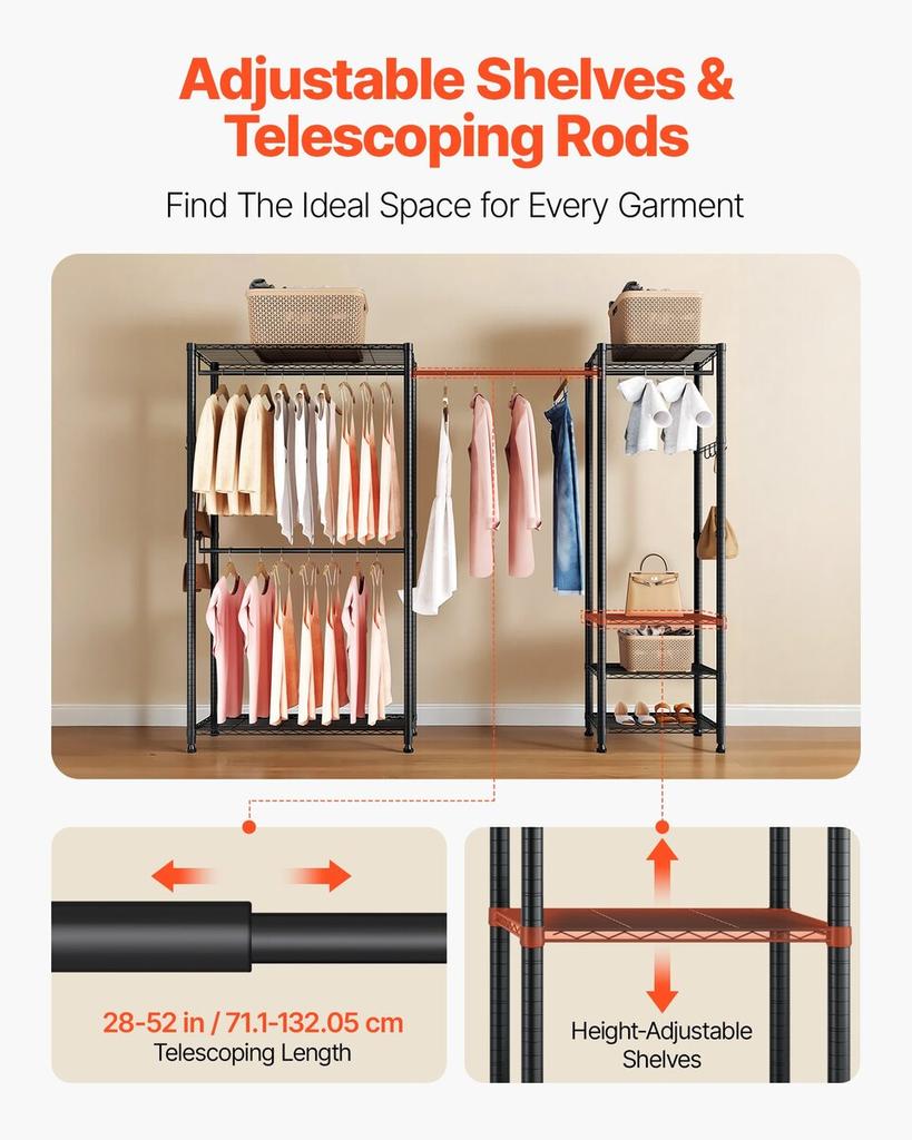 Clothing Garment Rack, Heavy Duty Clothes Rack, Freestanding Clothes Racks with Steel Frame, 363 kg Load Capacity Closet Wardrobe with Storage Shelves