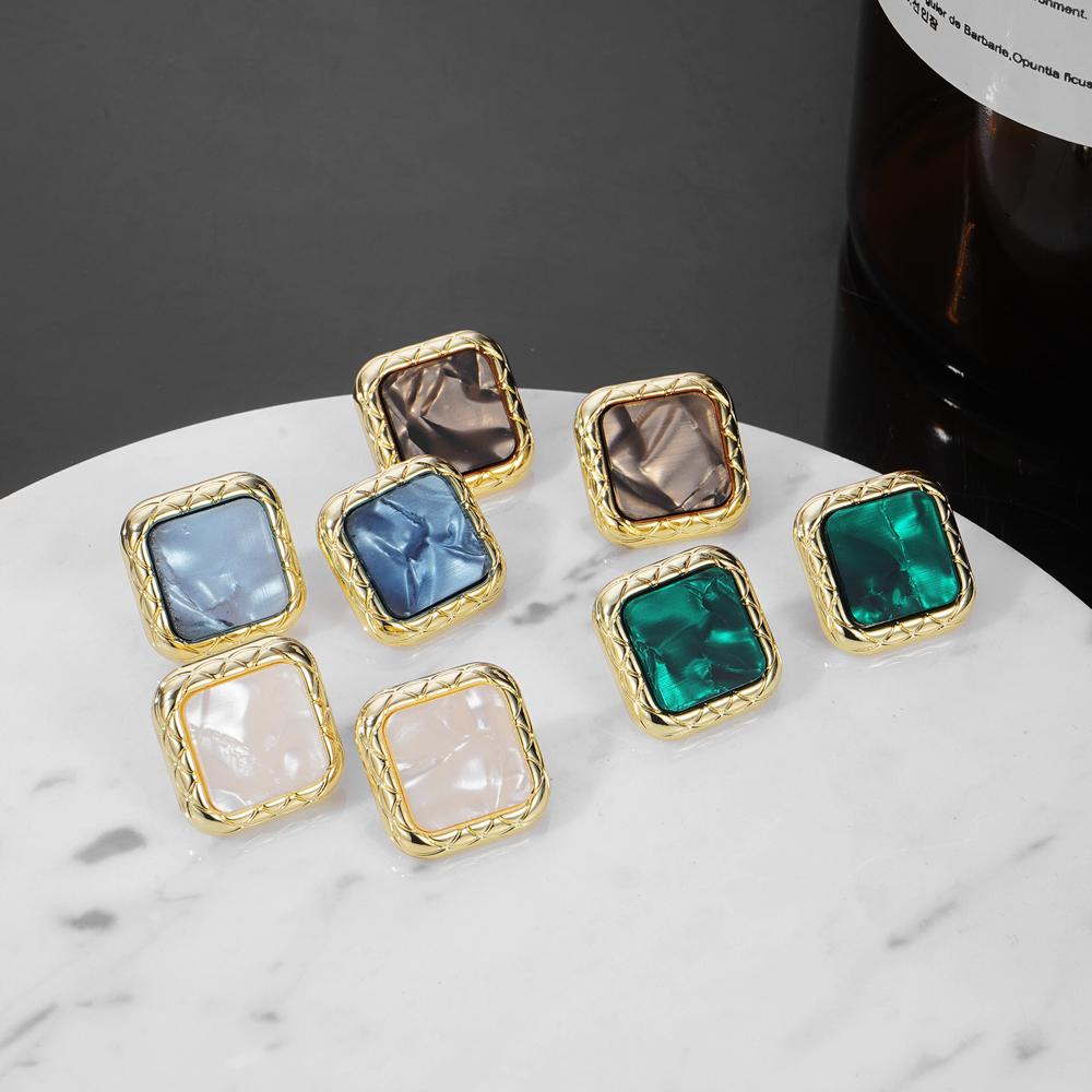 Retro Square Metal Resin Large Exaggerated Stud Earrings for Women Classical Charm Trendy Jewelry