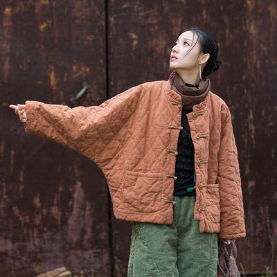 Женское зимнее хлопковое пальто из рами стеганое ромбовидным узором с застежками-лягушками - Богемный стиль