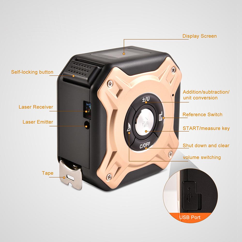 Лазерная рулетка 3 в 1, цифровой дальномер, измерительная лента 16 футов, перезаряжаемая мультиметровая лента 131 фут