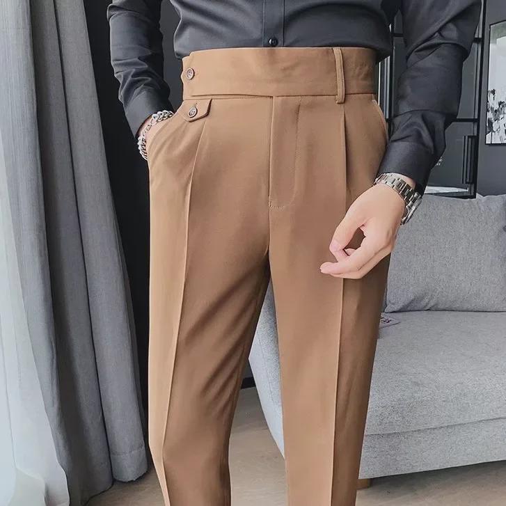 Мужские облегающие прямые брюки с высокой талией - весна/осень 2024 г., без складок