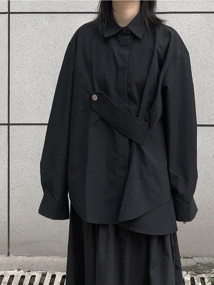 Women's Blouse Asymmetrical Japanese Style Top Streetwear Punk Cool Black Shirt Oversize Long Sleeve Button Up Alt Clothes