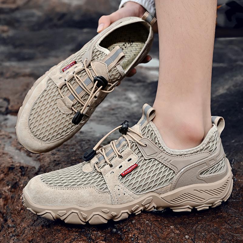 2025 New Hiking Shoes Men's Summer Leather Breathable Outdoor Sports and Leisure Shoes Non-slip Soft Bottom Mesh Hiking