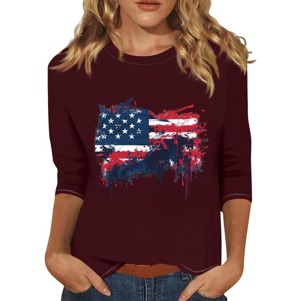 Women's Print Round Neck Top With Three Quarter Sleeves T-Shirt Three Quarter Sleeves T-Shirt