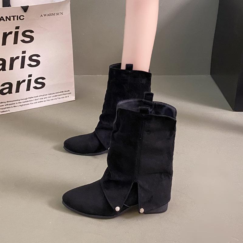 Заостренные ковбойские сапоги на толстом каблуке, короткие сапоги для женщин, осенне-зимние замшевые сапоги до колена