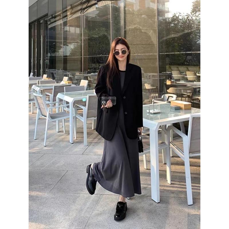 Серый блейзер для женщин весна-осень новый стиль свободный повседневный костюм с разрезами