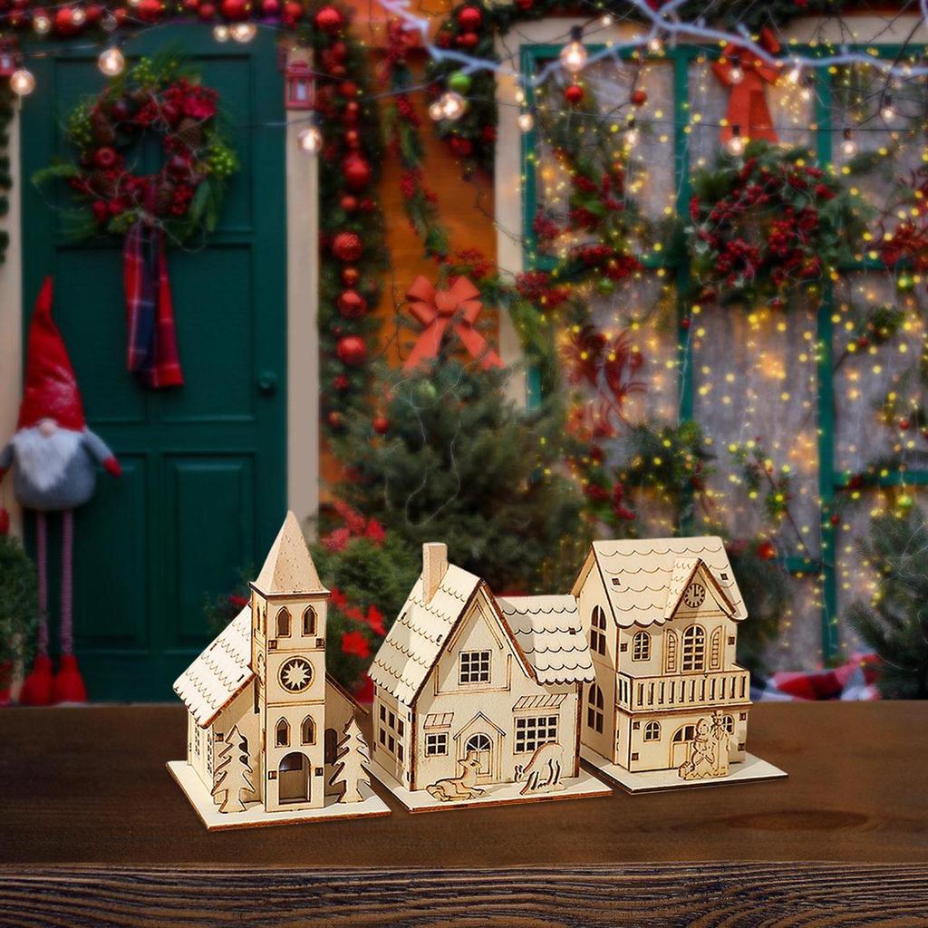 LED Christmas House Light up Table Cabin 3x Funny Holiday Decoration Cute Desk Ornament for Bedroom Kitchen Farmhouse