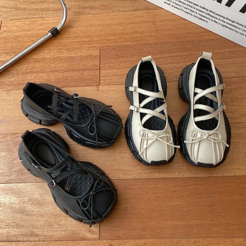 Дизайнерские массивные женские туфли Мэри Джейн Осенняя мода Мелкие туфли на платформе с плоской подошвой и бантом-бабочкой Женская повседневная обувь для улицы