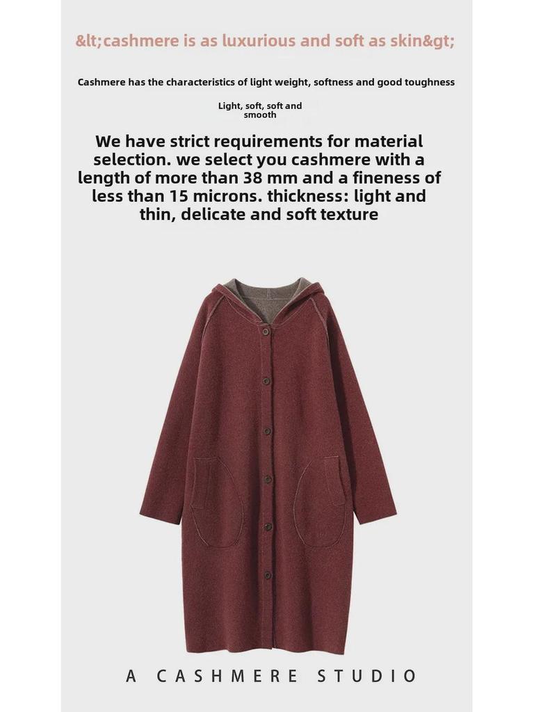 Женское кашемировое пальто с капюшоном — толстое, теплое, средней длины, выше колена, кардиган для осени и зимы