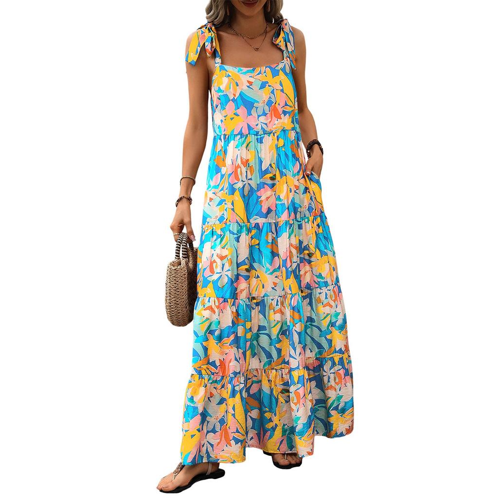 Women Dresses Summer Floral Sleeveless Maxi Dress Casual Spaghetti Strap Tiered Flowy Beach Long Dress