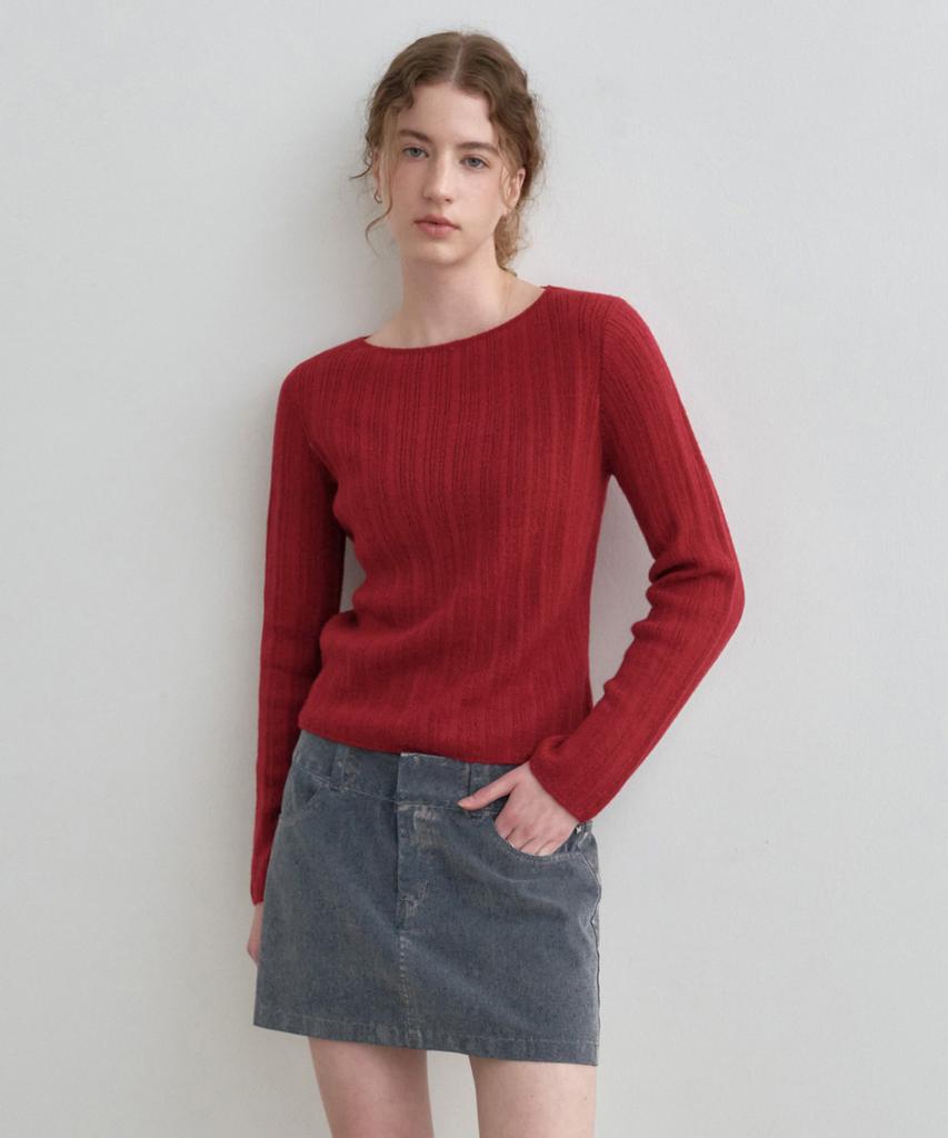 MONGDOL Boat Neck Alpaca Ribbed Knit Top Red Mdkt118Red