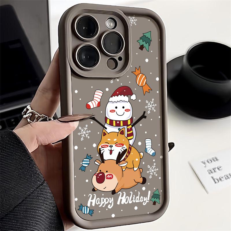 Чехол с рисунком рождественского лося и снеговика для iPhone 16 Pro 15 14 Plus 13 12 11 Pro Max Xr Xs X 8 7, защита линз, мягкий ударопрочный однотонный чехол из ТПУ