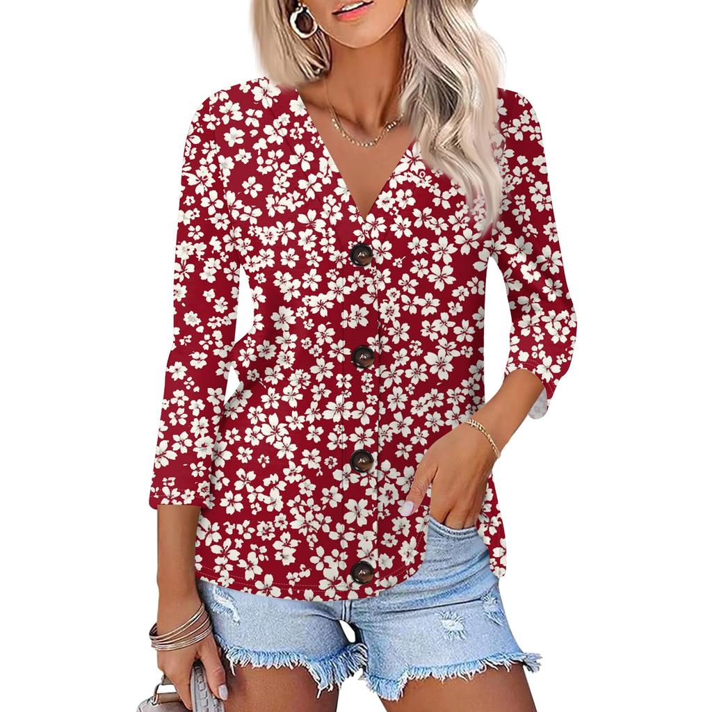 Женская модная повседневная рубашка на пуговицах с принтом, топ с рукавами 3/4