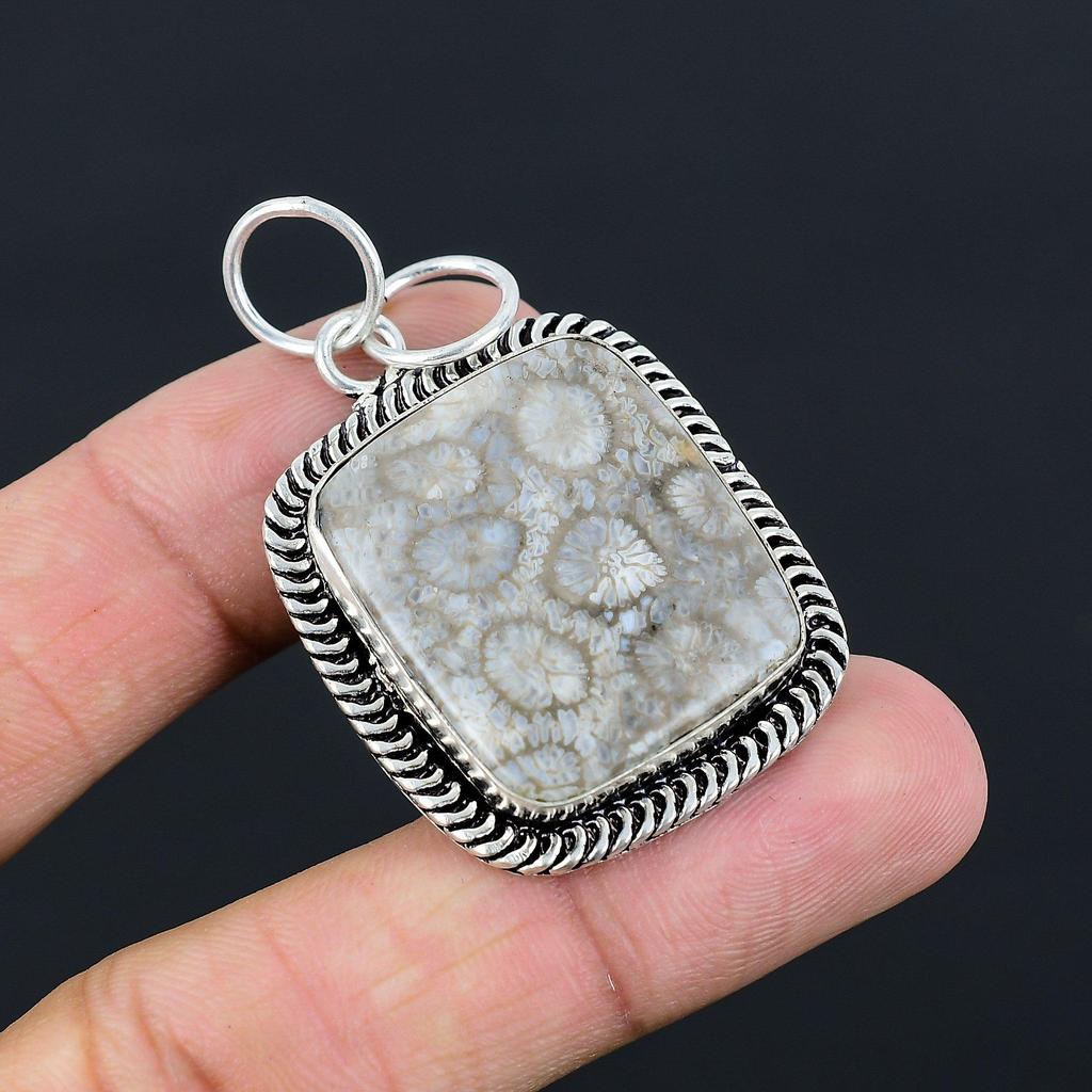 Daughters Day Deal Fossil Coral Gemstone Anniversary Pendant Jewelry 925 Silver