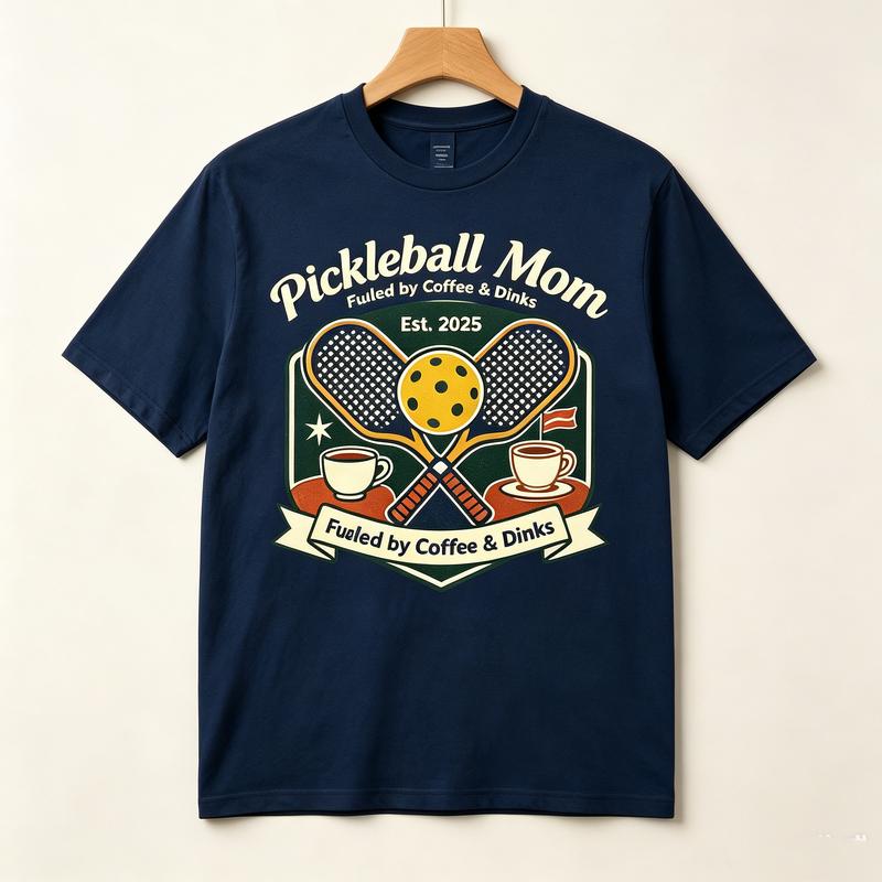 Pickleball Mom Fueled by Coffee Dinks Vintage Collegiate Crest Graphic T Shirt Unisex Casual Cotton Short Sleeve Tops Funny